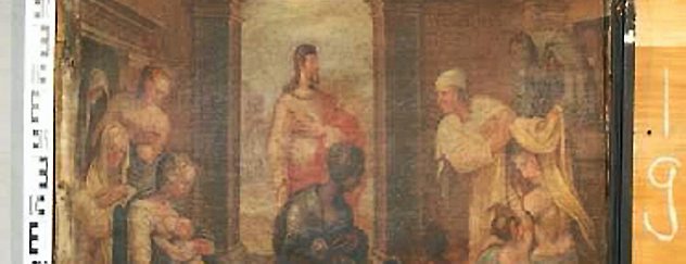 "Die Werke der Barmherzigkeit - die Nackten kleiden" ist der Titel dieser Bildtafel aus dem Adelsstand der Oberkirche. Repro: TA Arnstadt
